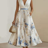 Bridget | Chiffon Floral Midi V-Neck Pleated Dress