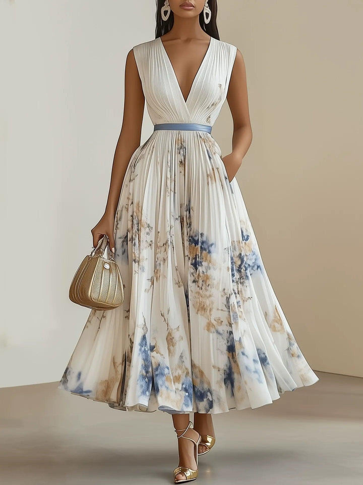 Bridget | Chiffon Floral Midi V-Neck Pleated Dress