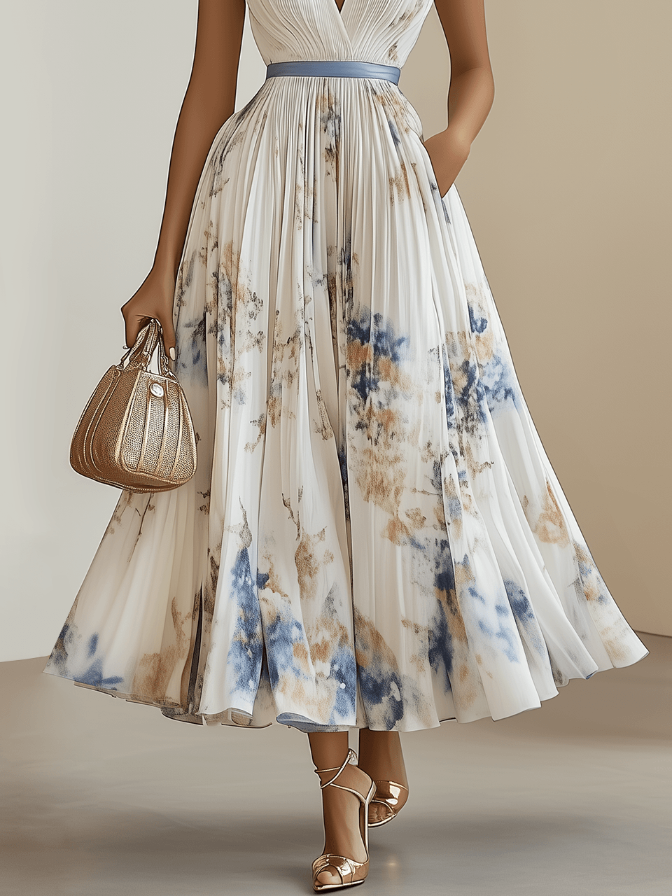 Bridget | Chiffon Floral Midi V-Neck Pleated Dress