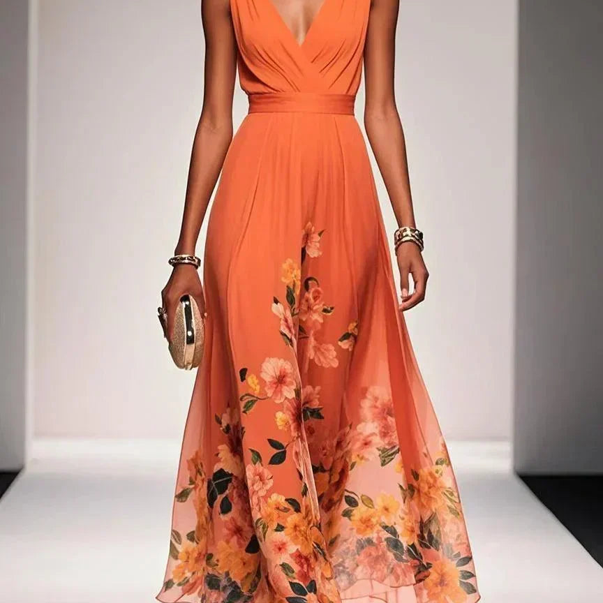 Hazel | Chiffon Floral Maxi V-Neck Dress