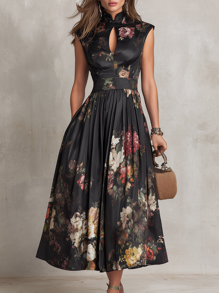 Georgia | Satin Floral Midi Pleated Dress