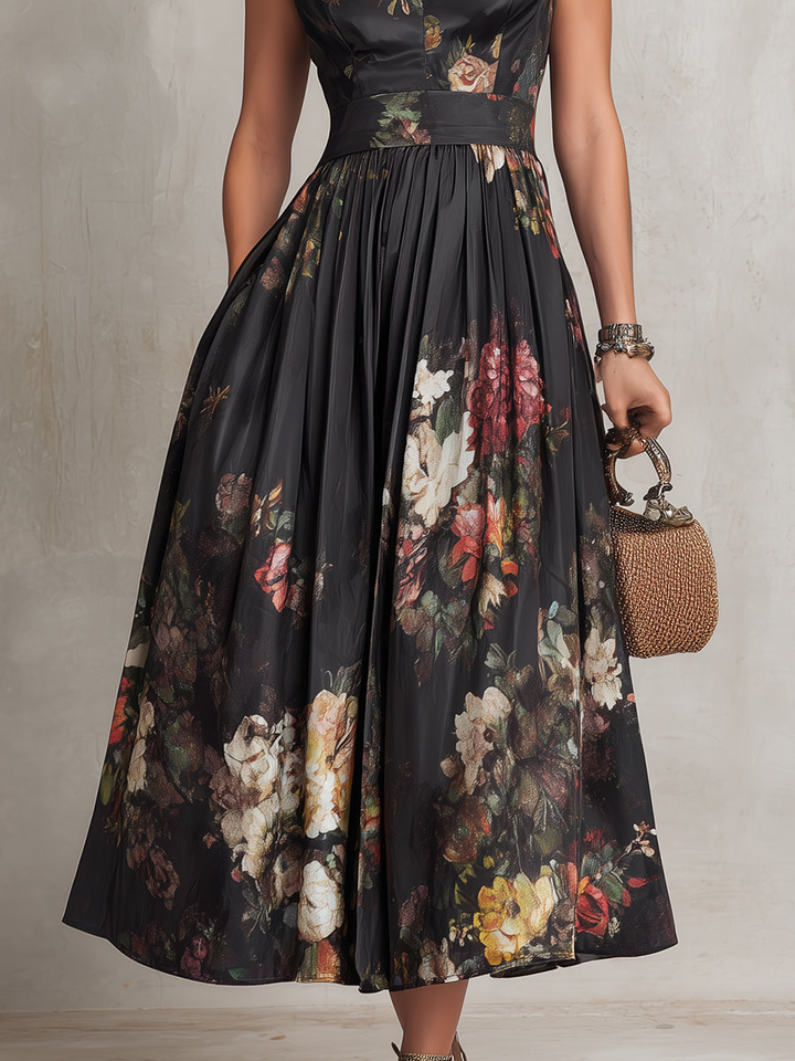 Georgia | Satin Floral Midi Pleated Dress