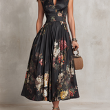 Georgia | Satin Floral Midi Pleated Dress