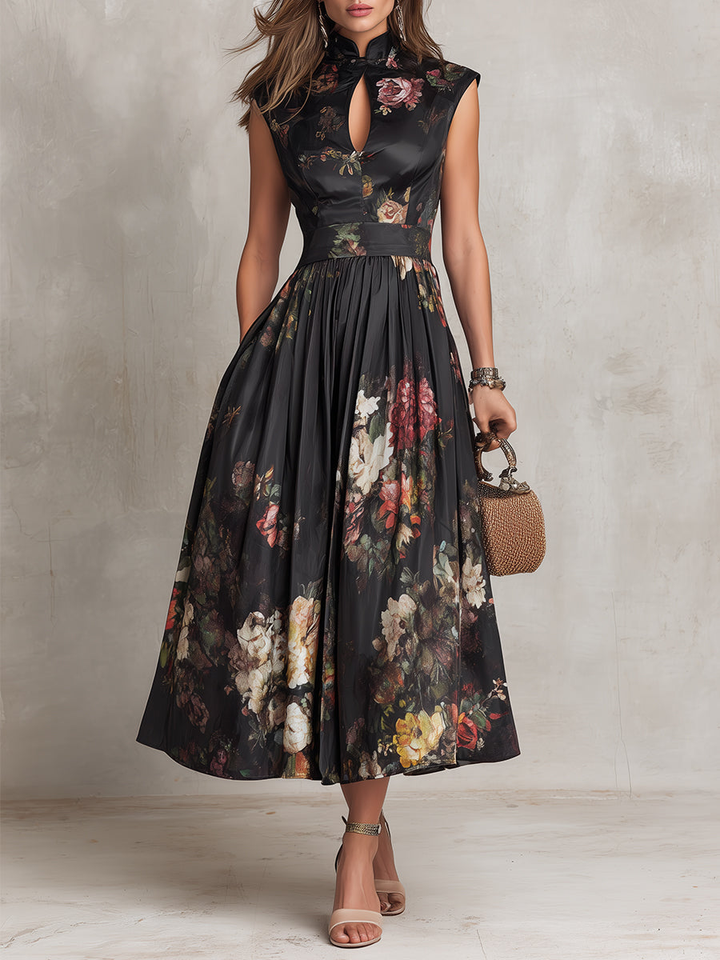 Georgia | Satin Floral Midi Pleated Dress