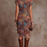 Emilia | Abstract-Print Midi V-Neck Pleated Dress