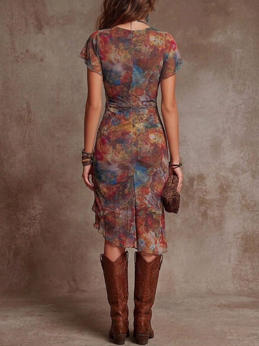 Emilia | Abstract-Print Midi V-Neck Pleated Dress