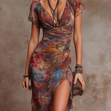 Emilia | Abstract-Print Midi V-Neck Pleated Dress