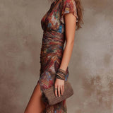 Emilia | Abstract-Print Midi V-Neck Pleated Dress