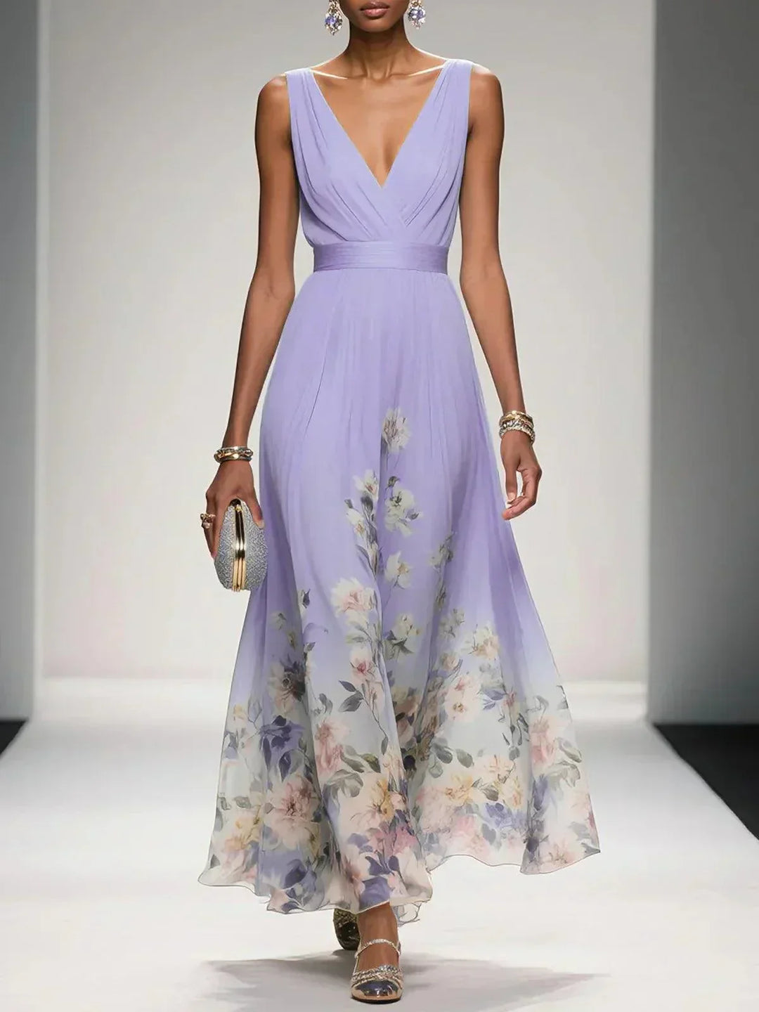 Hazel | Chiffon Floral Maxi V-Neck Dress