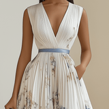 Bridget | Chiffon Floral Midi V-Neck Pleated Dress