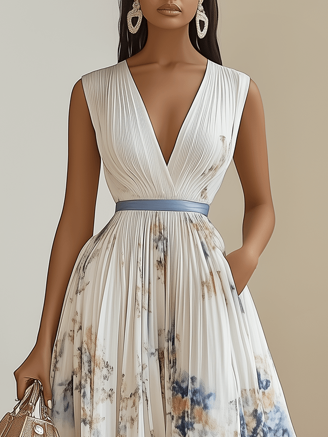 Bridget | Chiffon Floral Midi V-Neck Pleated Dress