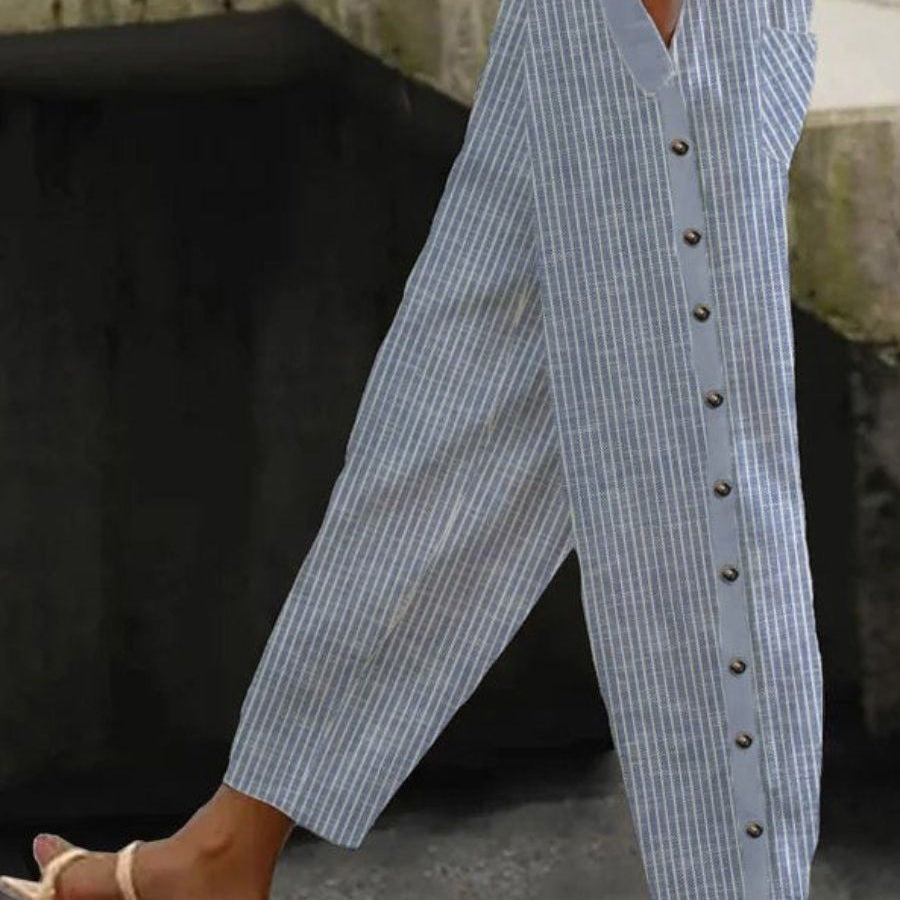 Clara | Striped Button-Detail Trousers