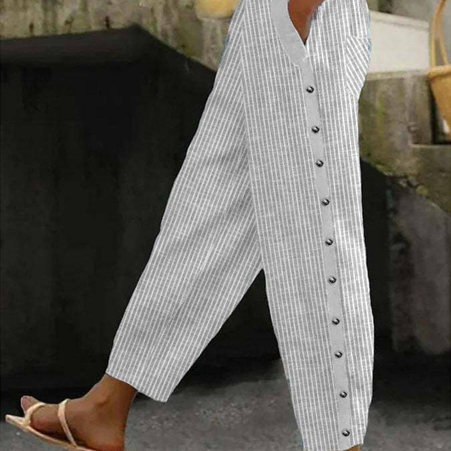 Clara | Striped Button-Detail Trousers