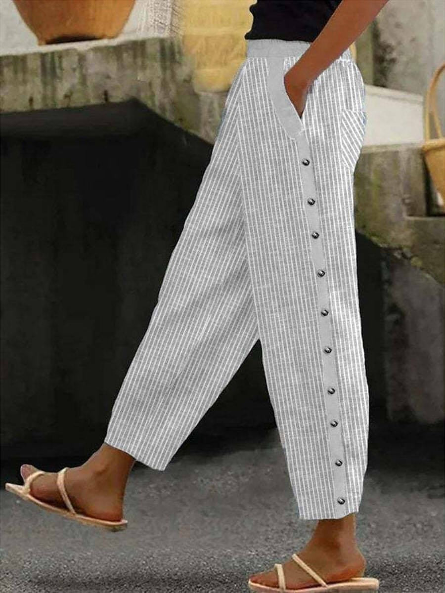 Clara | Striped Button-Detail Trousers